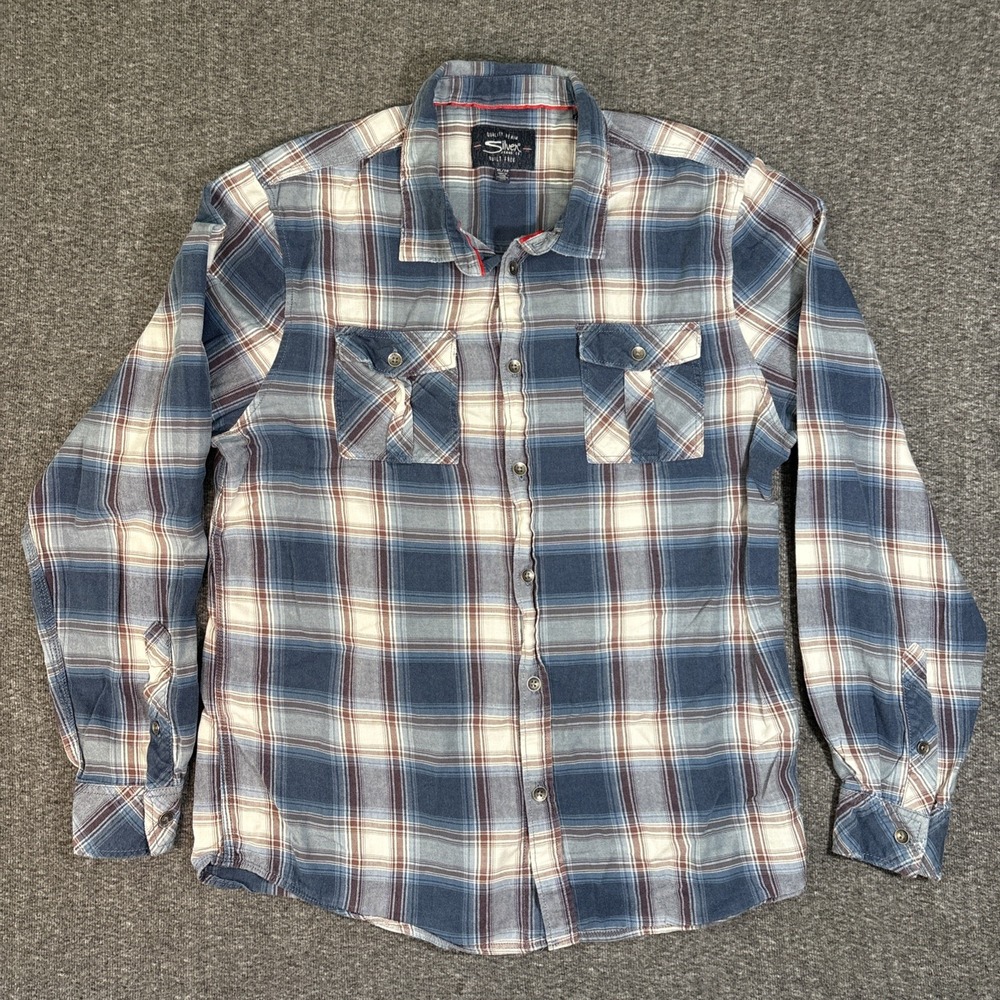 Silver Jeans Co. Men's Blue Flannel Button Up Plaid Long Sleeve Shirt Size XL
